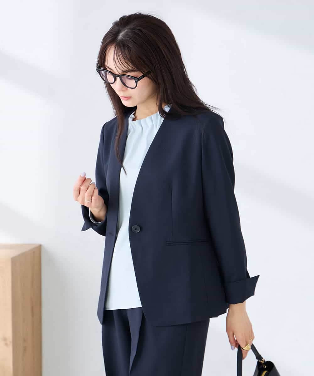 KBDFE20109 a.v.v(アー・ヴェ・ヴェ) 【洗える/UVカット】リネンライクストレッチノーカラージャケット ネイビー