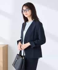 KBDFE20109 a.v.v(アー・ヴェ・ヴェ) 【洗える/UVカット】リネンライクストレッチノーカラージャケット ネイビー