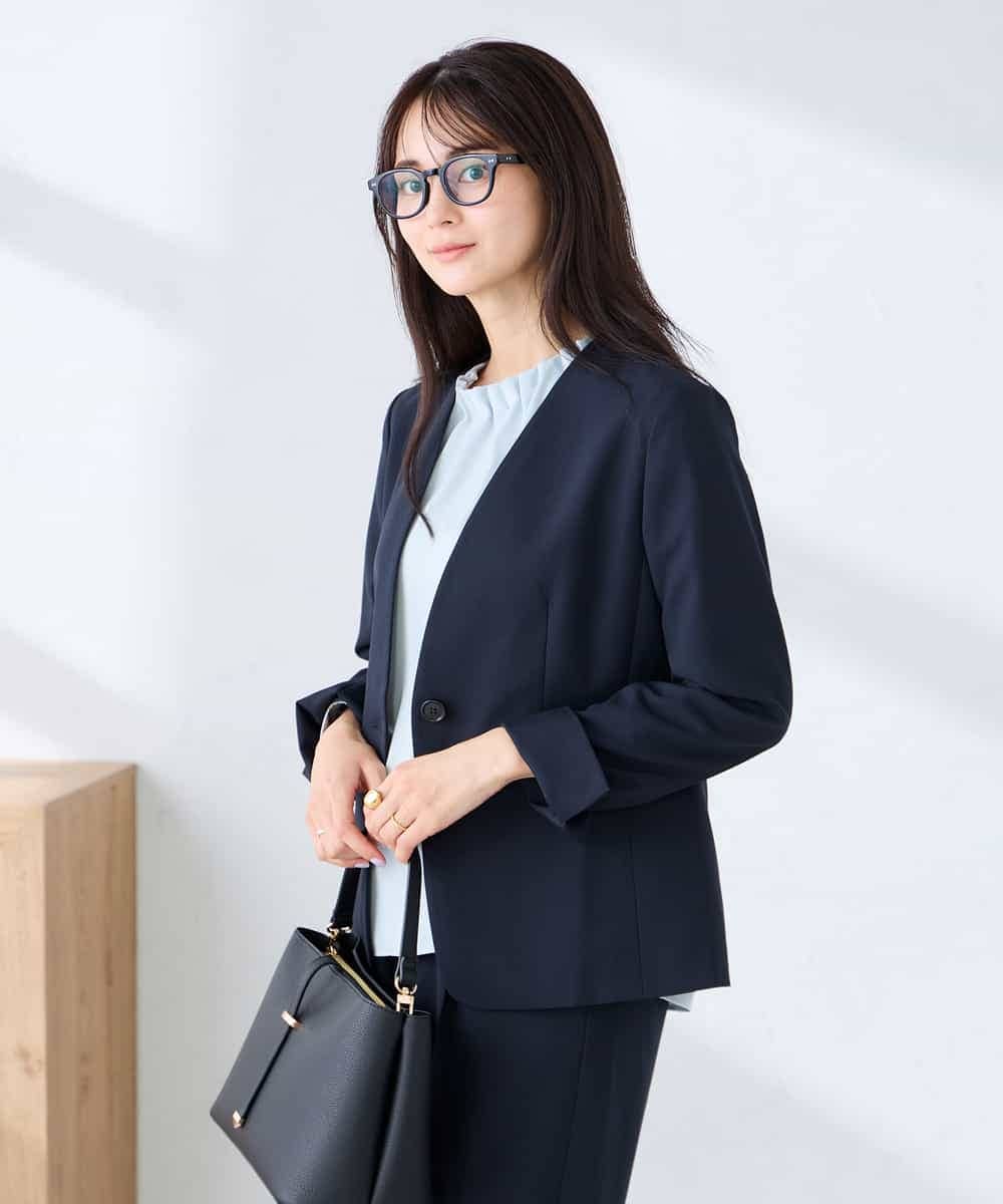 KBDFE20109 a.v.v(アー・ヴェ・ヴェ) 【洗える/UVカット】リネンライクストレッチノーカラージャケット ネイビー