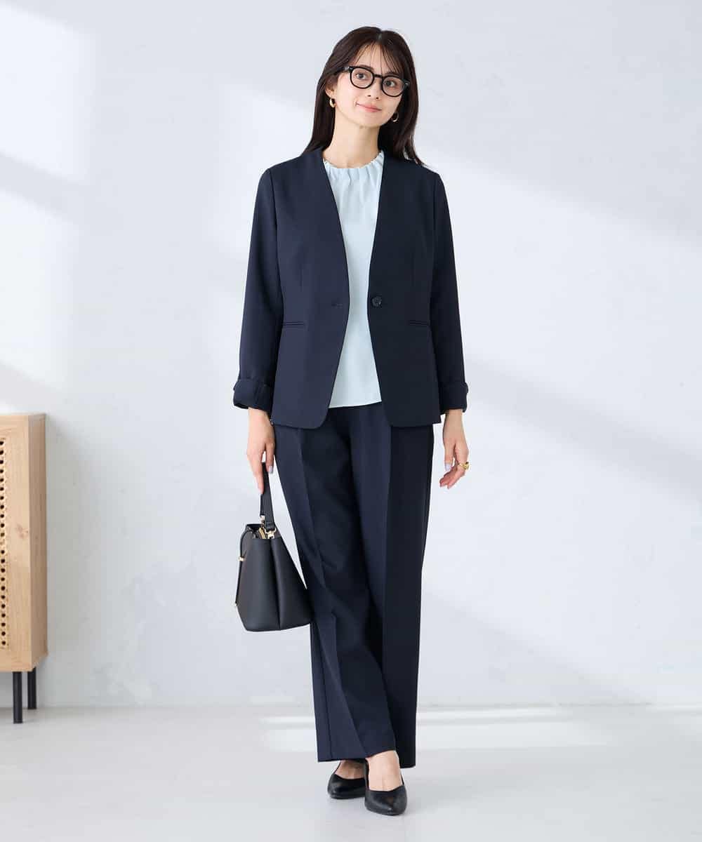 KBDFE20109 a.v.v(アー・ヴェ・ヴェ) 【洗える/UVカット】リネンライクストレッチノーカラージャケット ネイビー