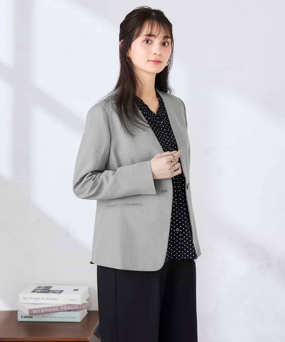 KBDFE20109 a.v.v(アー・ヴェ・ヴェ) 【洗える/UVカット】リネンライクストレッチノーカラージャケット ネイビー