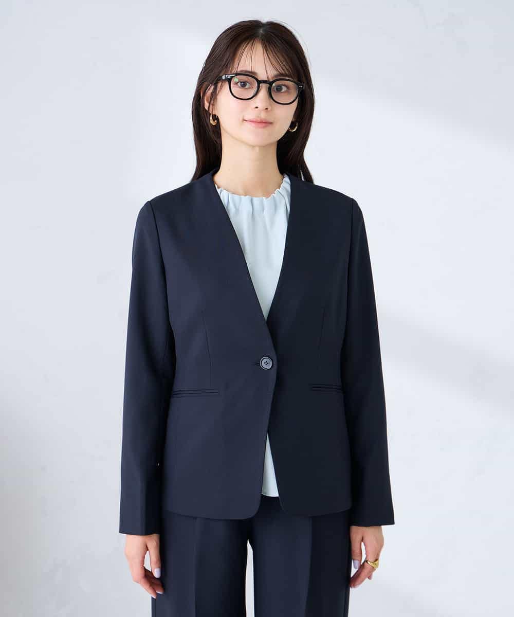 KBDFE20109 a.v.v(アー・ヴェ・ヴェ) 【洗える/UVカット】リネンライクストレッチノーカラージャケット ネイビー