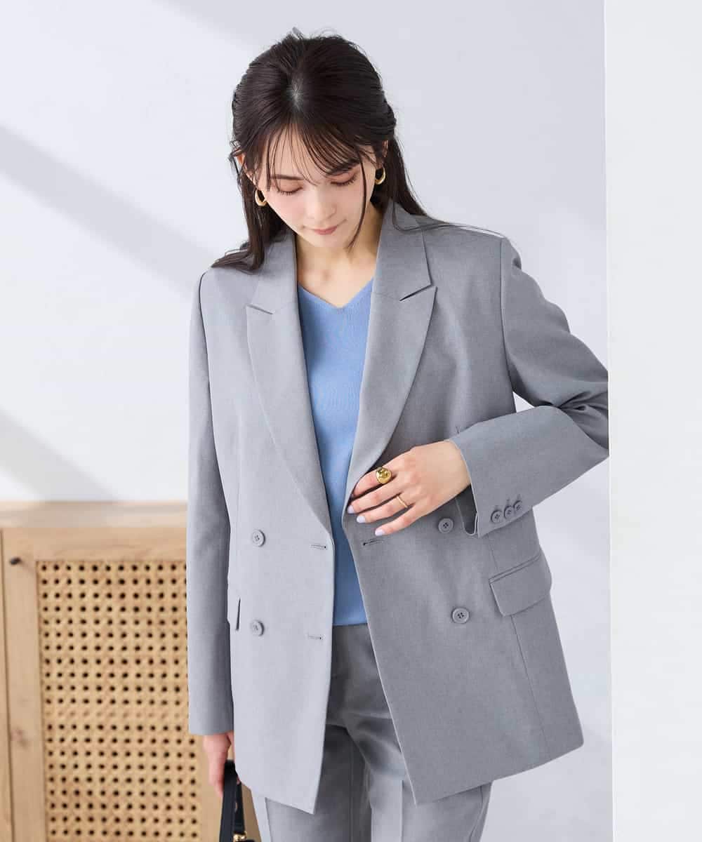 KBDFE23109 a.v.v(アー・ヴェ・ヴェ) 【洗える/UVカット】リネンライクストレッチダブルブレストジャケット ネイビー