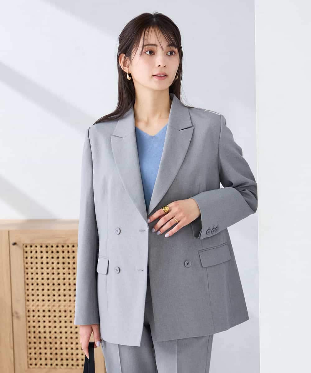 KBDFE23109 a.v.v(アー・ヴェ・ヴェ) 【洗える/UVカット】リネンライクストレッチダブルブレストジャケット ネイビー