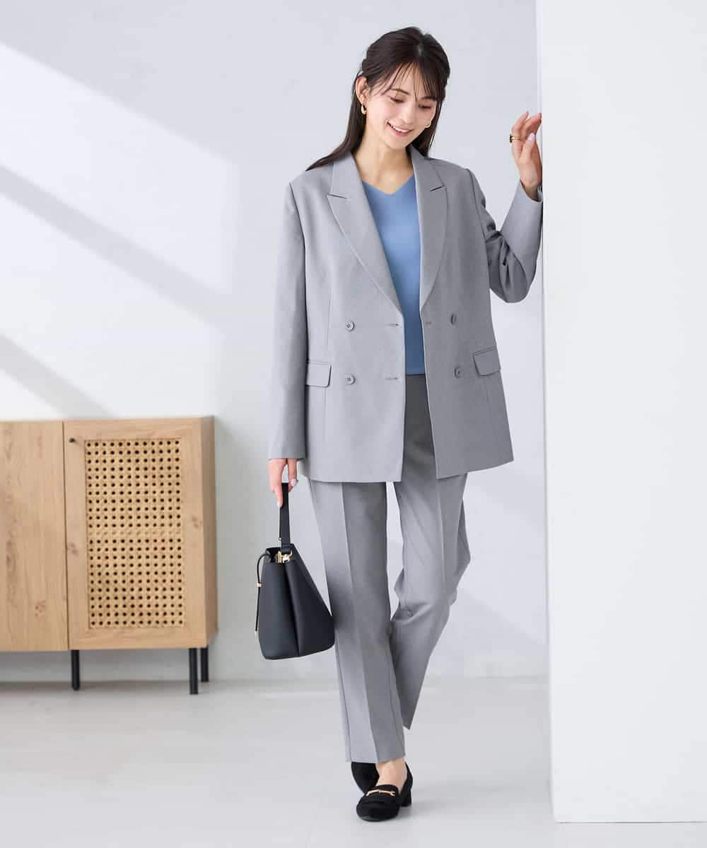 KBDFE23109 a.v.v(アー・ヴェ・ヴェ) 【洗える/UVカット】リネンライクストレッチダブルブレストジャケット ネイビー