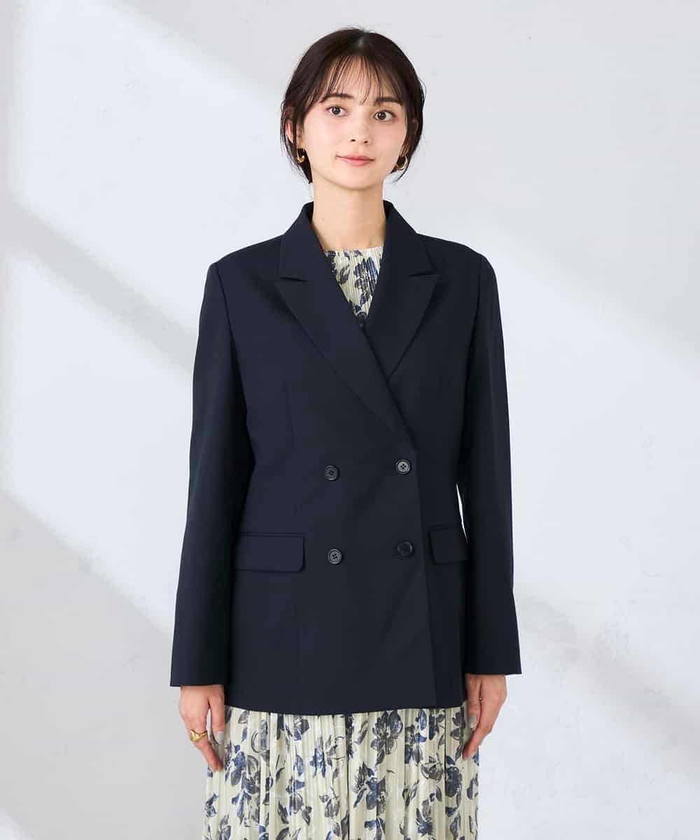 KBDFE23109 a.v.v(アー・ヴェ・ヴェ) 【洗える/UVカット】リネンライクストレッチダブルブレストジャケット ネイビー