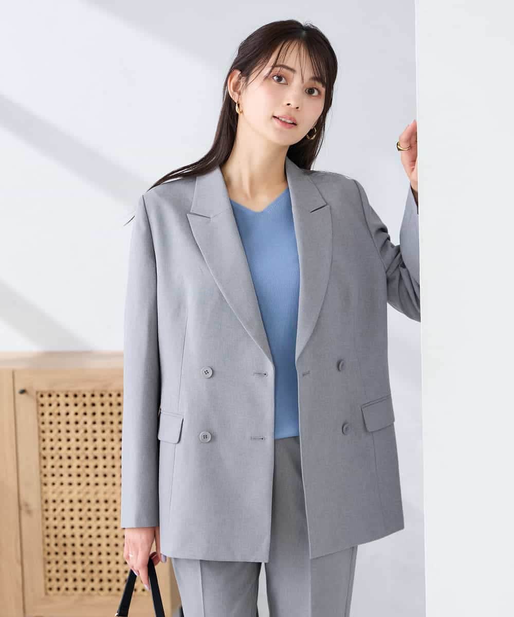 KBDFE23109 a.v.v(アー・ヴェ・ヴェ) 【洗える/UVカット】リネンライクストレッチダブルブレストジャケット グレー