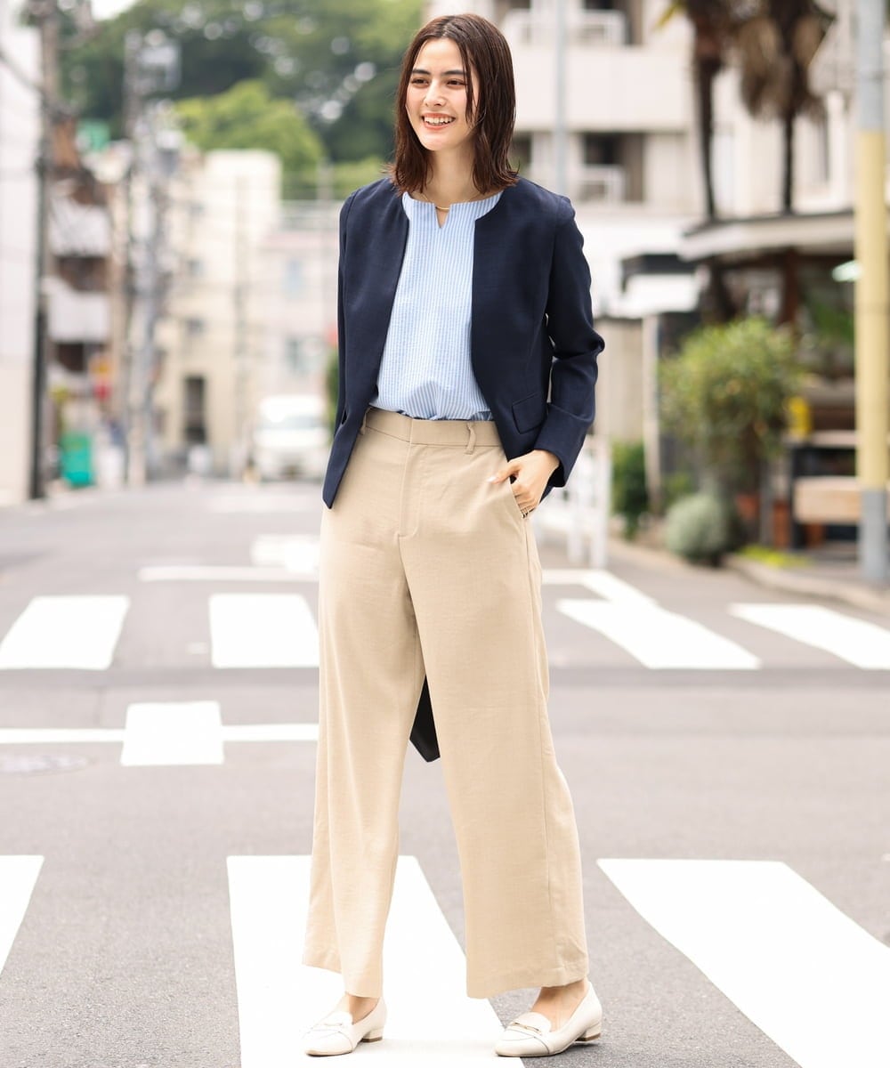 KBDHQ26099 a.v.v(アー・ヴェ・ヴェ) 【洗える/セットアップ対応】麻調ツイルキーネックジャケット ベージュ