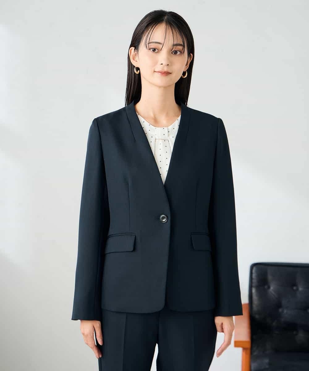 KBDLB11129 a.v.v(アー・ヴェ・ヴェ) 【洗える/イージーケア/ストレッチ】パウダーツイルVネックジャケット ネイビー