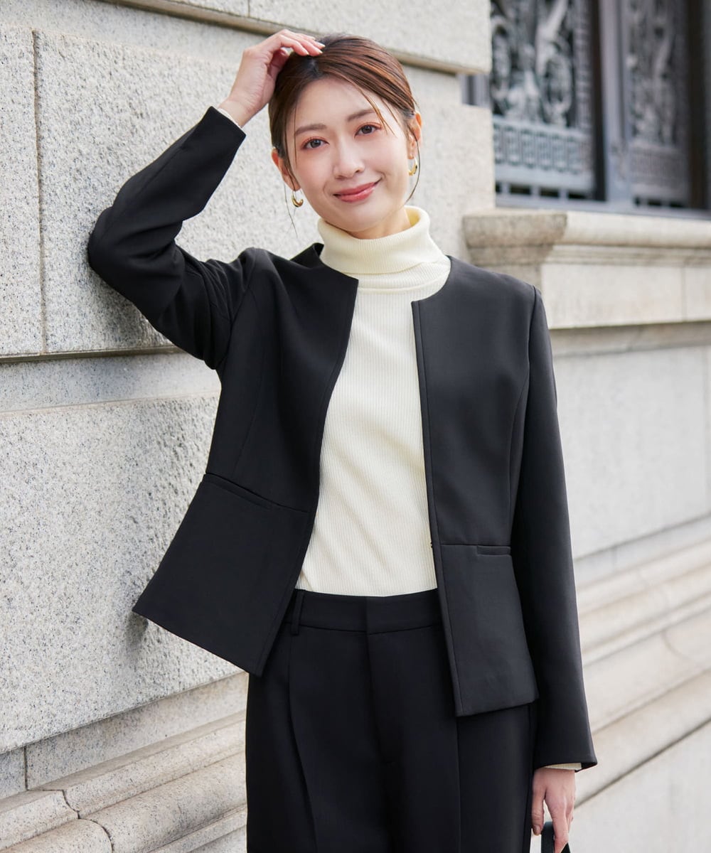 KBDLB12129 a.v.v(アー・ヴェ・ヴェ) 【洗える/イージーケア/ストレッチ】パウダーツイルキーネックジャケット ネイビー