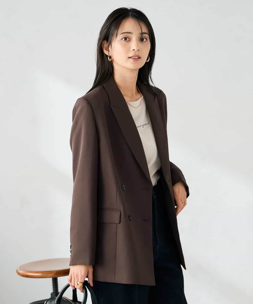 KBDLB14129 a.v.v(アー・ヴェ・ヴェ) 【洗える/イージーケア/ストレッチ】パウダーツイルダブルブレストジャケット ブラウン