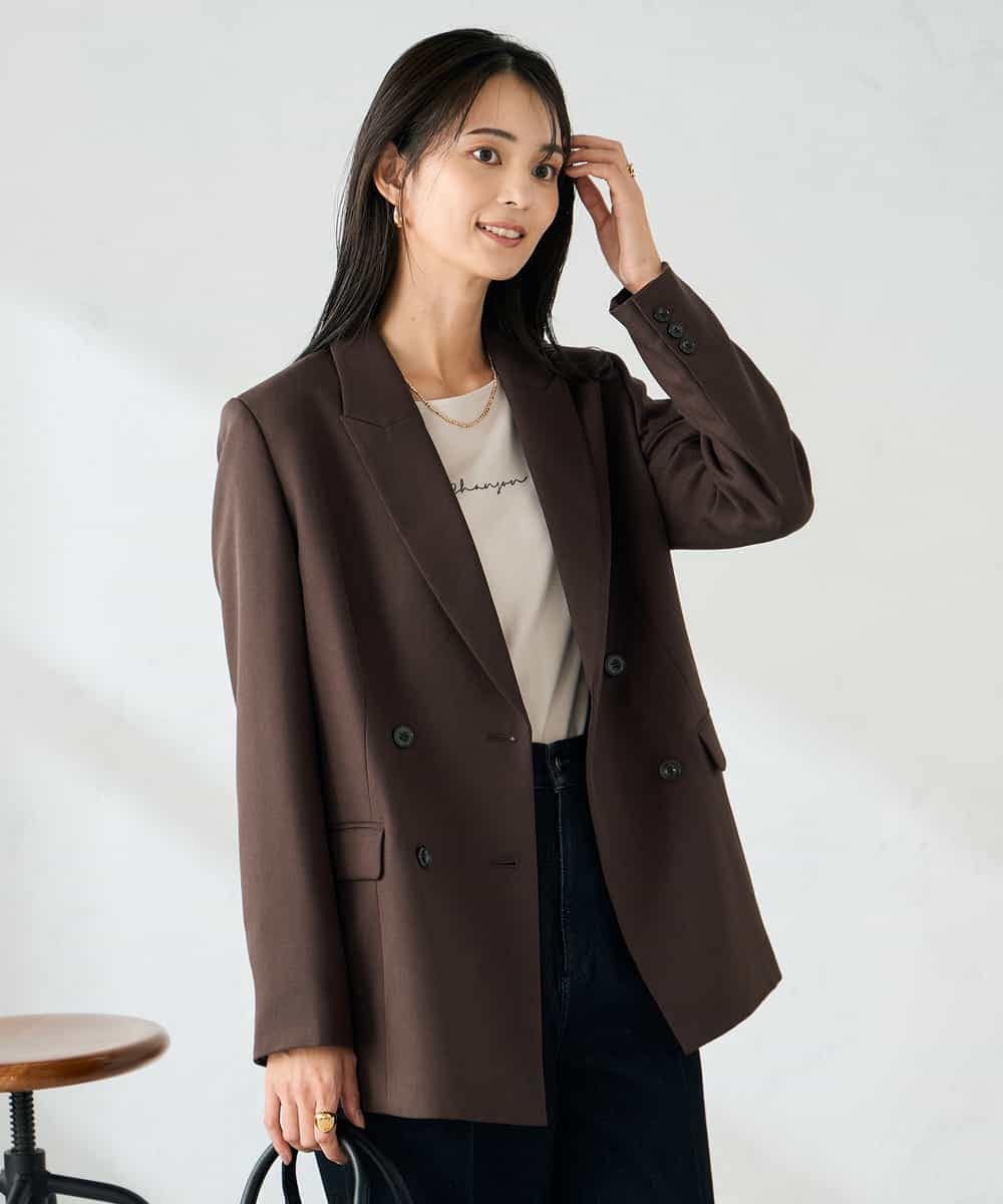 KBDLB14129 a.v.v(アー・ヴェ・ヴェ) 【洗える/イージーケア/ストレッチ】パウダーツイルダブルブレストジャケット ブラウン