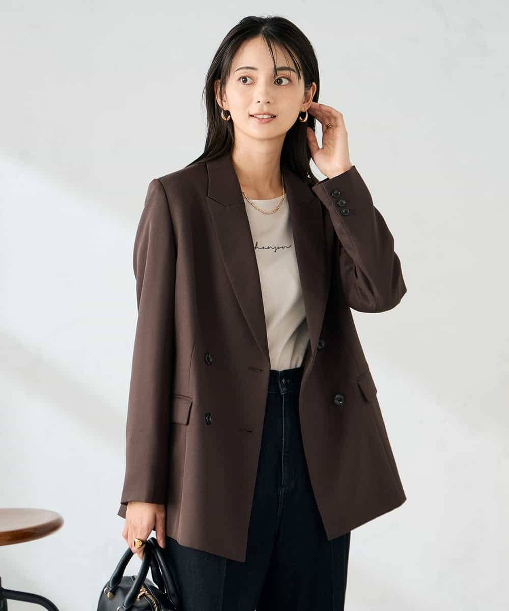 KBDLB14129 a.v.v(アー・ヴェ・ヴェ) 【洗える/イージーケア/ストレッチ】パウダーツイルダブルブレストジャケット ブラウン