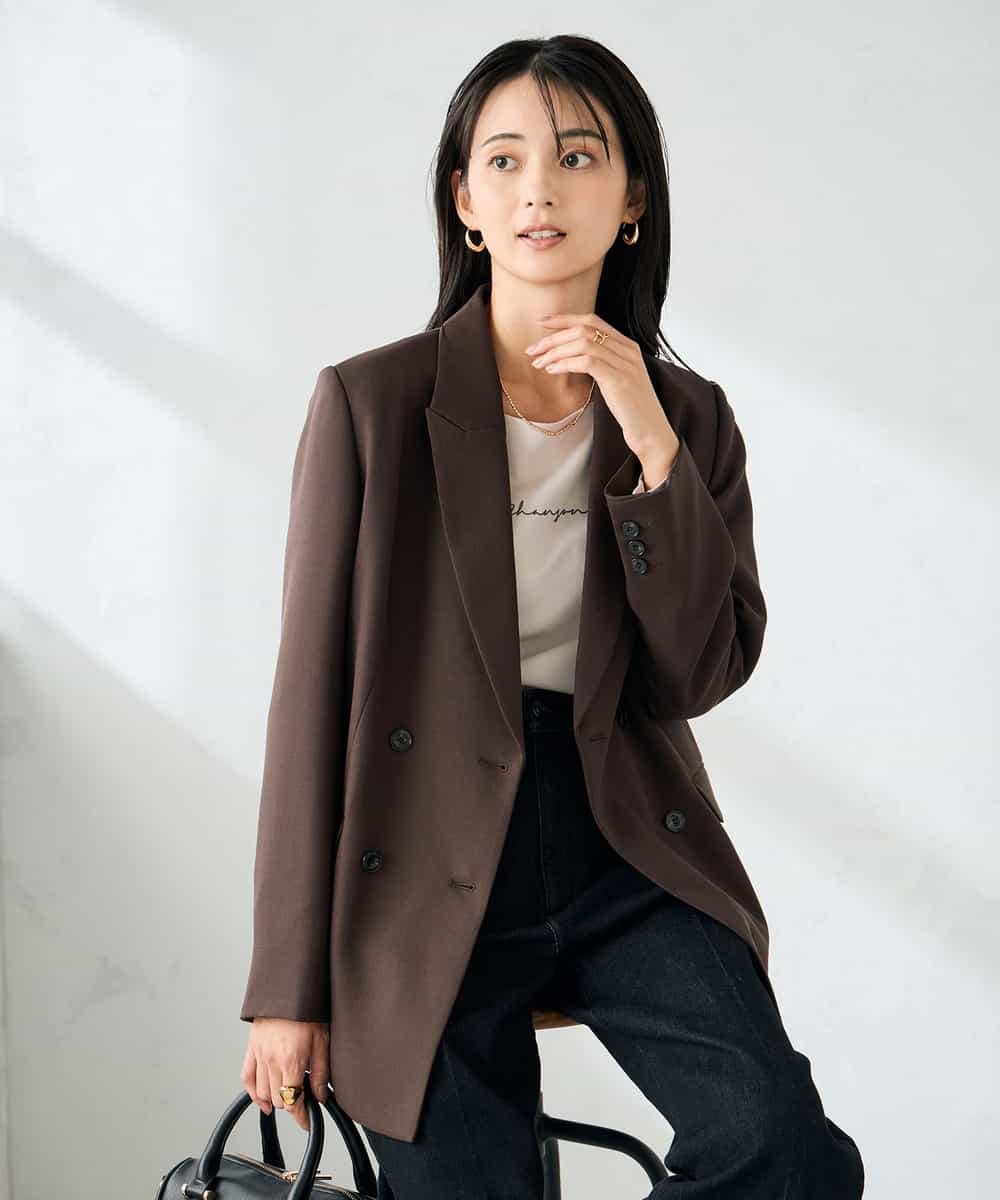 KBDLB14129 a.v.v(アー・ヴェ・ヴェ) 【洗える/イージーケア/ストレッチ】パウダーツイルダブルブレストジャケット ブラウン