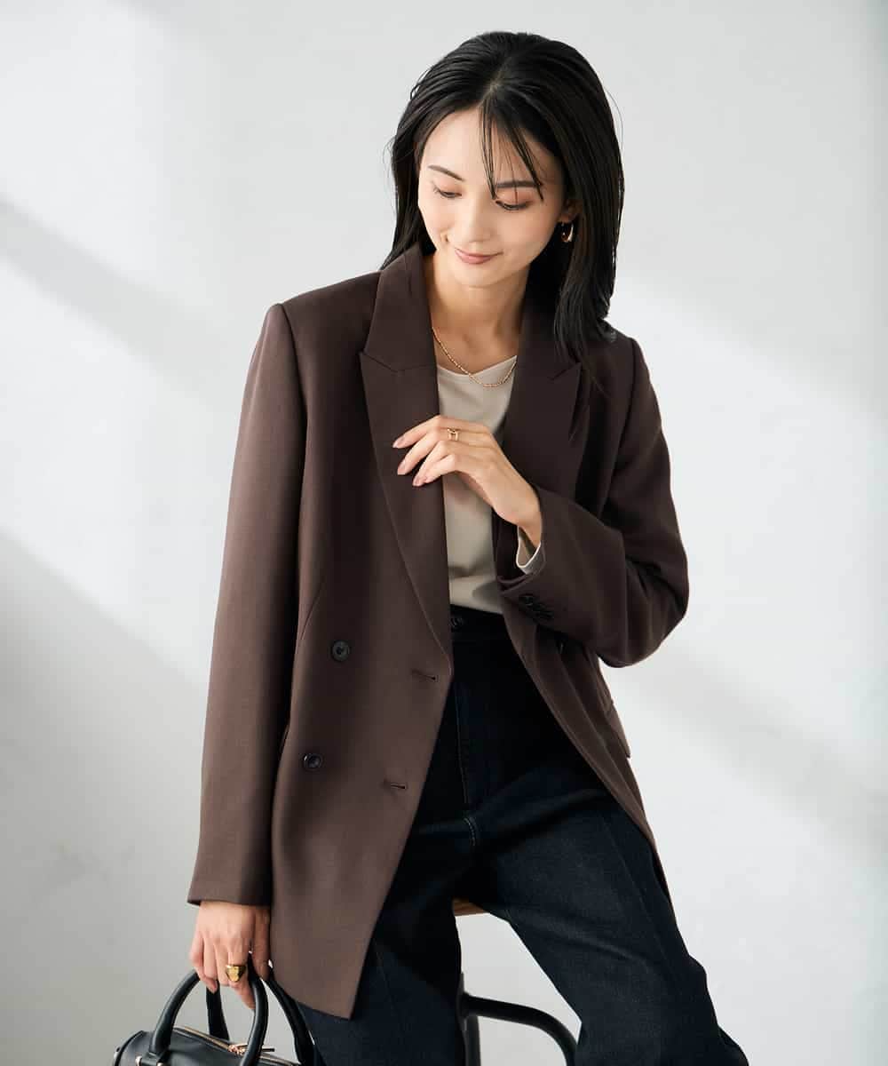 KBDLB14129 a.v.v(アー・ヴェ・ヴェ) 【洗える/イージーケア/ストレッチ】パウダーツイルダブルブレストジャケット ブラウン