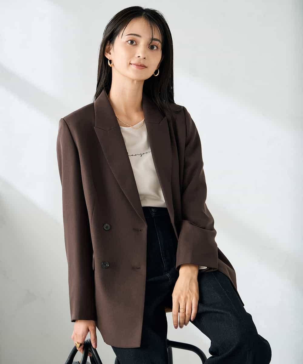 KBDLB14129 a.v.v(アー・ヴェ・ヴェ) 【洗える/イージーケア/ストレッチ】パウダーツイルダブルブレストジャケット ブラウン