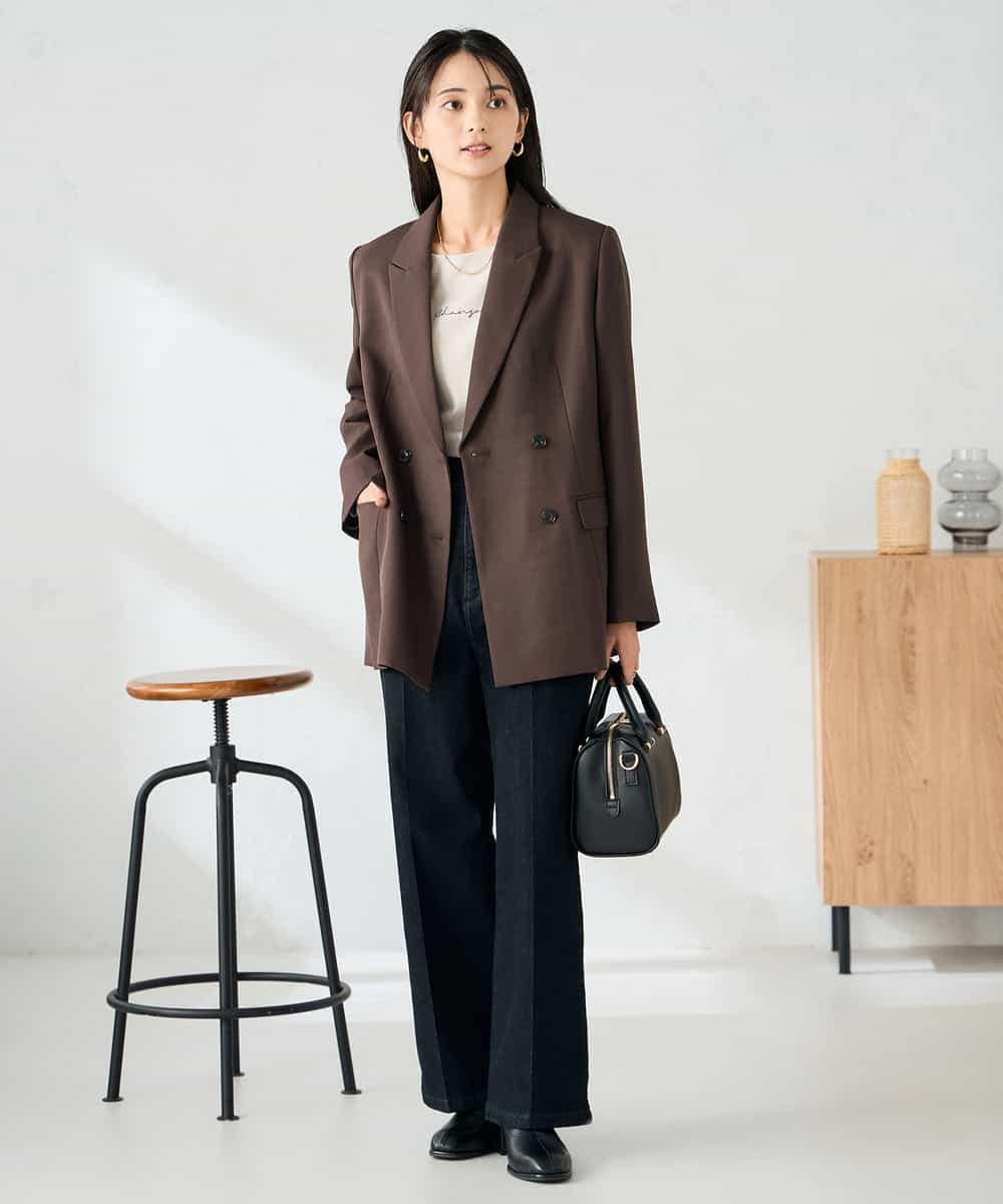 KBDLB14129 a.v.v(アー・ヴェ・ヴェ) 【洗える/イージーケア/ストレッチ】パウダーツイルダブルブレストジャケット ブラウン