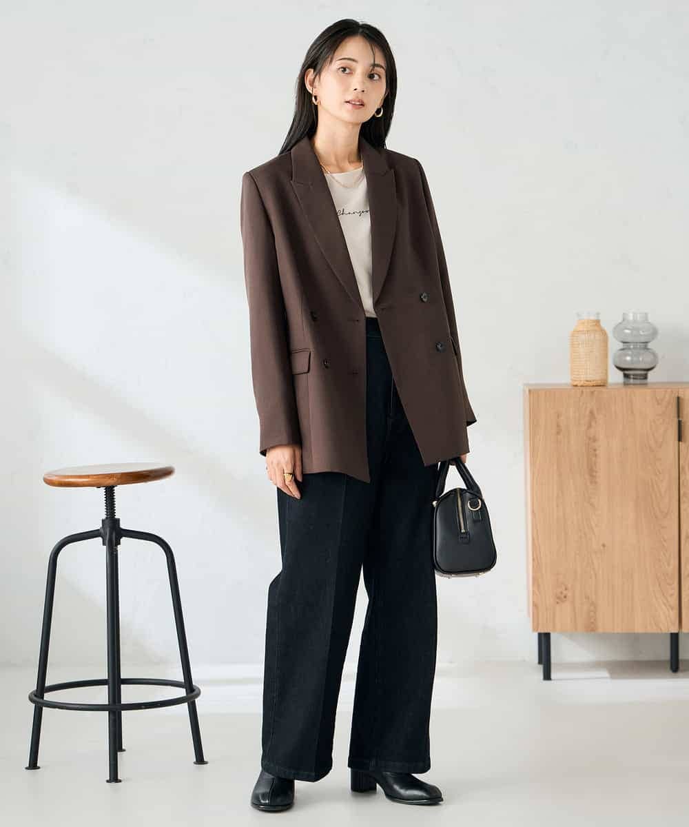 KBDLB14129 a.v.v(アー・ヴェ・ヴェ) 【洗える/イージーケア/ストレッチ】パウダーツイルダブルブレストジャケット ブラウン