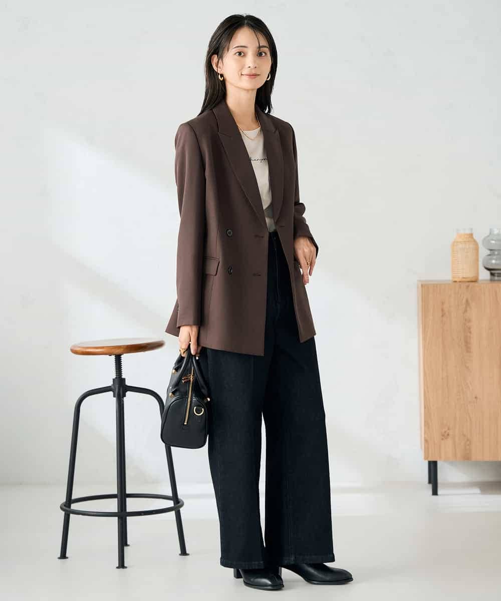 KBDLB14129 a.v.v(アー・ヴェ・ヴェ) 【洗える/イージーケア/ストレッチ】パウダーツイルダブルブレストジャケット ブラウン