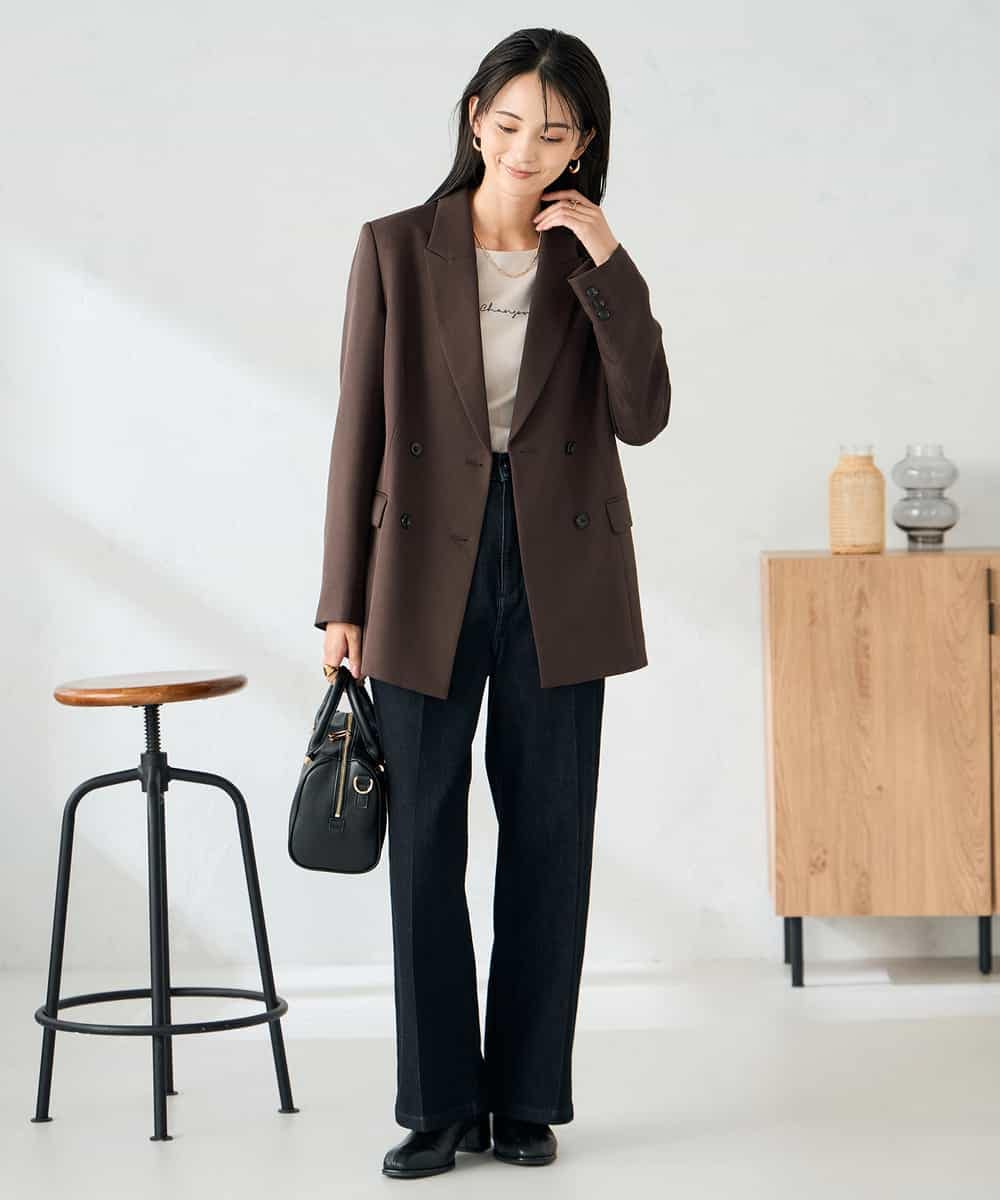 KBDLB14129 a.v.v(アー・ヴェ・ヴェ) 【洗える/イージーケア/ストレッチ】パウダーツイルダブルブレストジャケット ブラウン