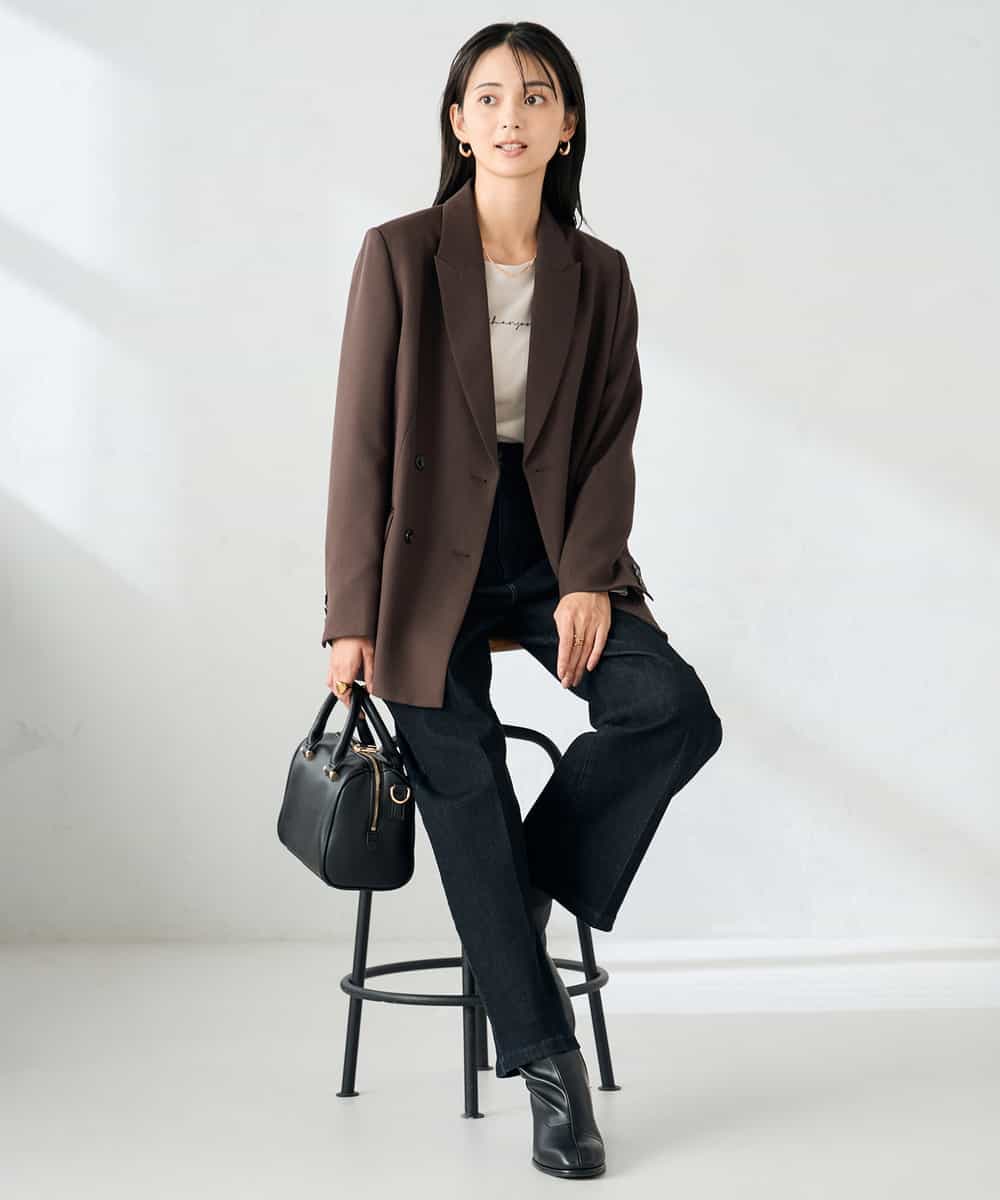 KBDLB14129 a.v.v(アー・ヴェ・ヴェ) 【洗える/イージーケア/ストレッチ】パウダーツイルダブルブレストジャケット ブラウン