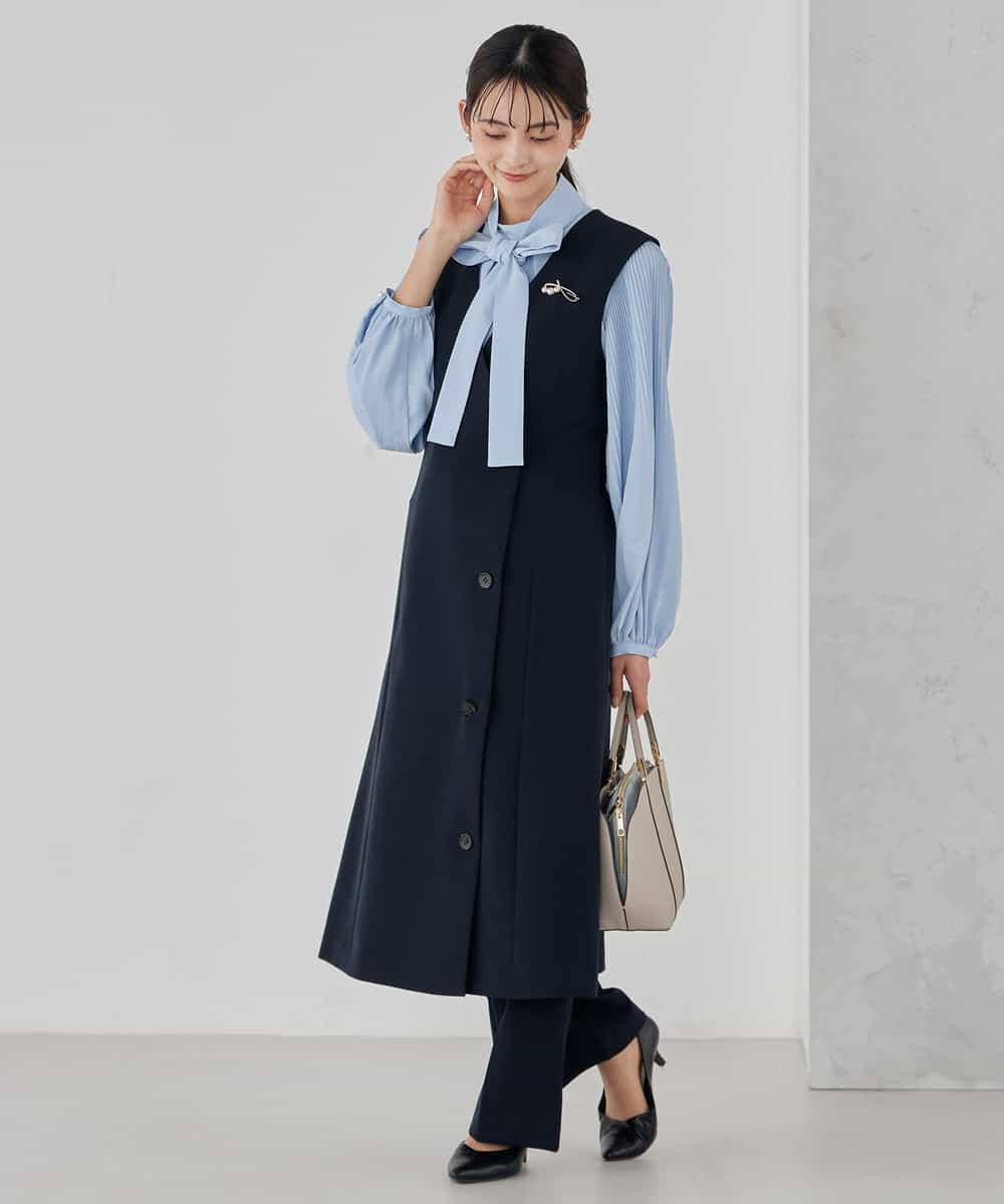 KBECD01099 a.v.v(アー・ヴェ・ヴェ) 【洗える/ストレッチ/セットアップ対応】ダブルクロスロングジレワンピース ネイビー