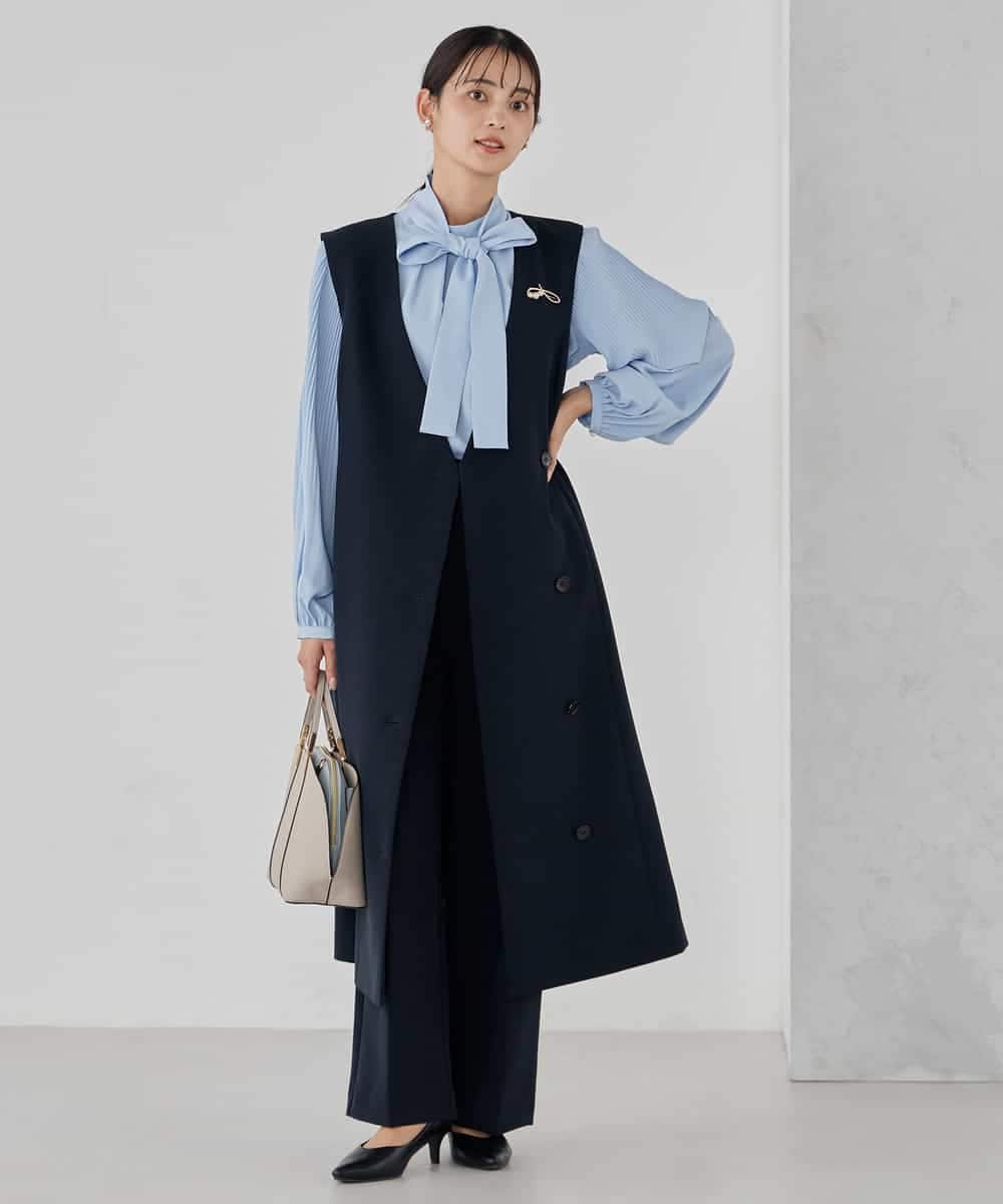 KBECD01099 a.v.v(アー・ヴェ・ヴェ) 【洗える/ストレッチ/セットアップ対応】ダブルクロスロングジレワンピース ネイビー