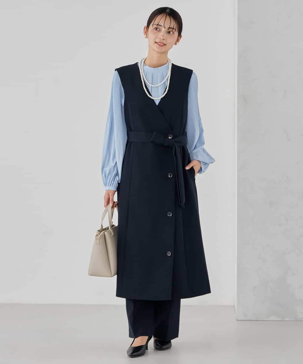 KBECD01099 a.v.v(アー・ヴェ・ヴェ) 【洗える/ストレッチ/セットアップ対応】ダブルクロスロングジレワンピース ネイビー