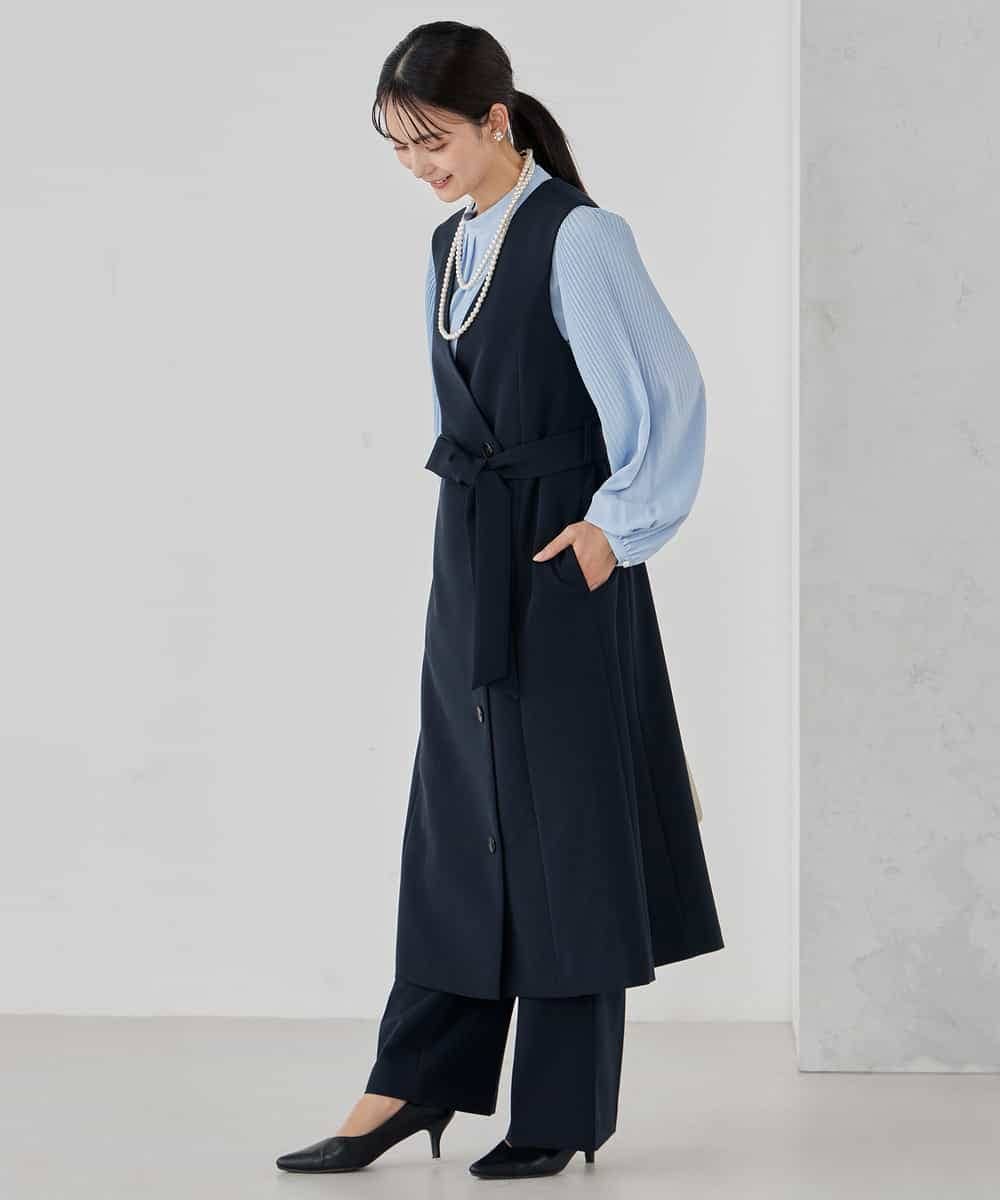 KBECD01099 a.v.v(アー・ヴェ・ヴェ) 【洗える/ストレッチ/セットアップ対応】ダブルクロスロングジレワンピース ネイビー