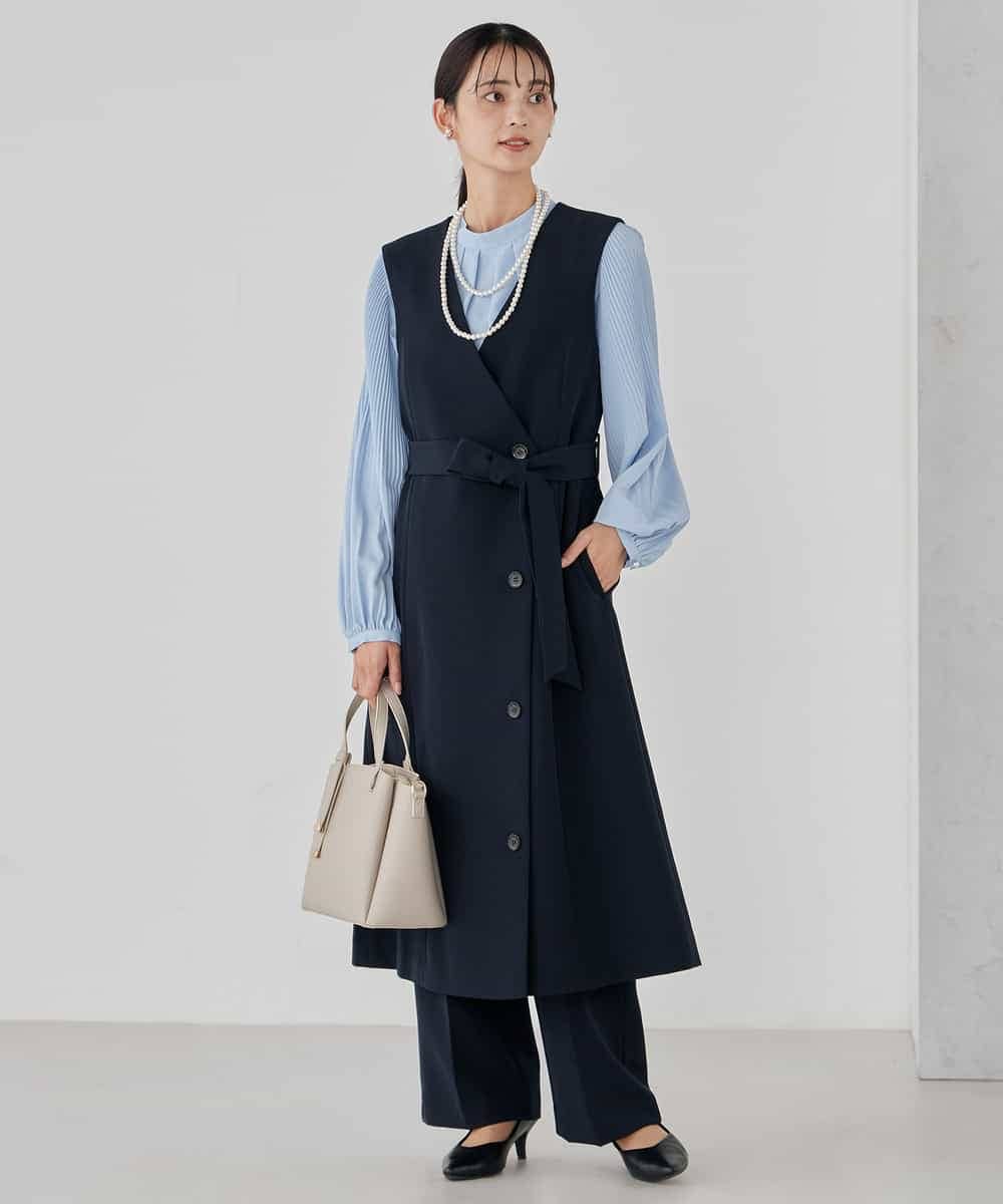 KBECD01099 a.v.v(アー・ヴェ・ヴェ) 【洗える/ストレッチ/セットアップ対応】ダブルクロスロングジレワンピース ネイビー