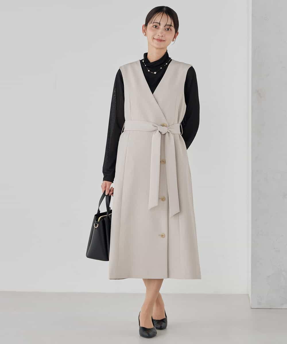 KBECD01099 a.v.v(アー・ヴェ・ヴェ) 【洗える/ストレッチ/セットアップ対応】ダブルクロスロングジレワンピース ネイビー