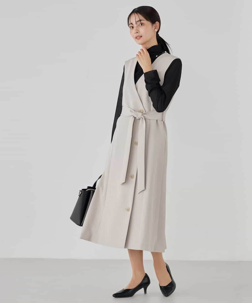 KBECD01099 a.v.v(アー・ヴェ・ヴェ) 【洗える/ストレッチ/セットアップ対応】ダブルクロスロングジレワンピース ネイビー