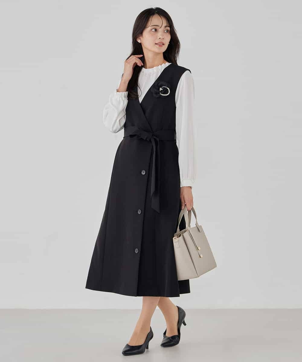 KBECD01099 a.v.v(アー・ヴェ・ヴェ) 【洗える/ストレッチ/セットアップ対応】ダブルクロスロングジレワンピース ネイビー