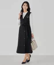 KBECD01099 a.v.v(アー・ヴェ・ヴェ) 【洗える/ストレッチ/セットアップ対応】ダブルクロスロングジレワンピース ネイビー