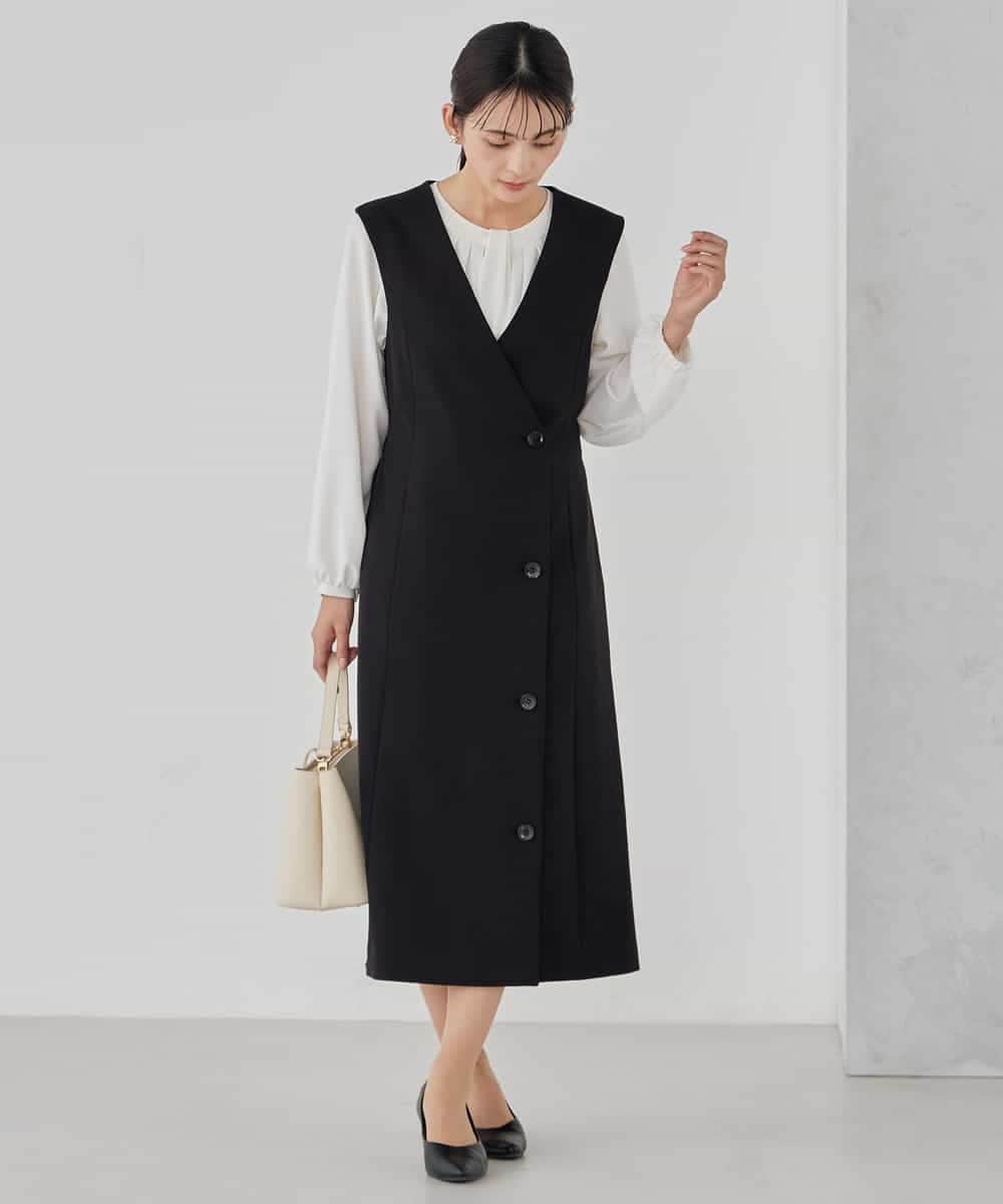 KBECD01099 a.v.v(アー・ヴェ・ヴェ) 【洗える/ストレッチ/セットアップ対応】ダブルクロスロングジレワンピース ネイビー