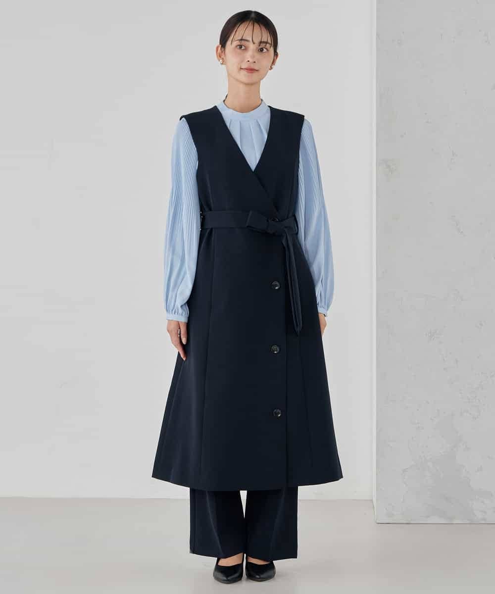KBECD01099 a.v.v(アー・ヴェ・ヴェ) 【洗える/ストレッチ/セットアップ対応】ダブルクロスロングジレワンピース ネイビー