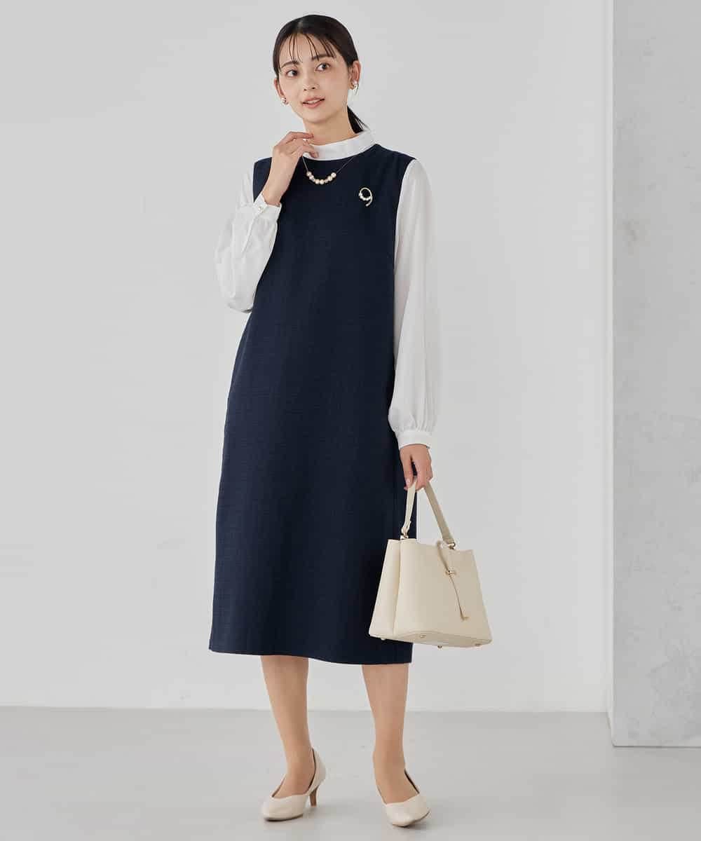 KBECD02119 a.v.v(アー・ヴェ・ヴェ) ツイードボウタイワンピース ネイビー