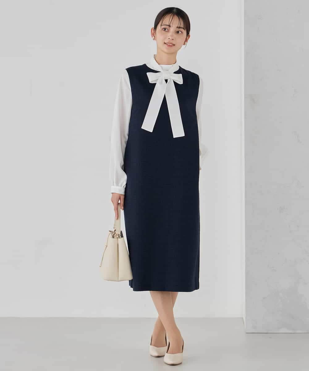 KBECD02119 a.v.v(アー・ヴェ・ヴェ) ツイードボウタイワンピース ネイビー