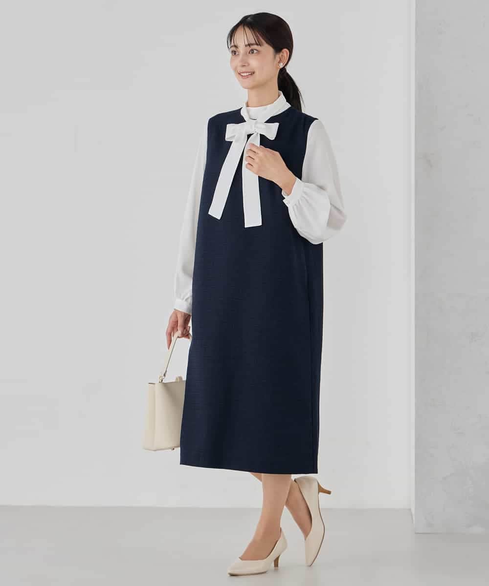 KBECD02119 a.v.v(アー・ヴェ・ヴェ) ツイードボウタイワンピース ネイビー