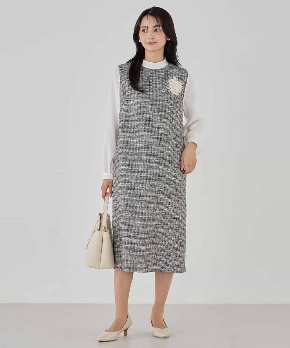 KBECD02119 a.v.v(アー・ヴェ・ヴェ) ツイードボウタイワンピース ネイビー