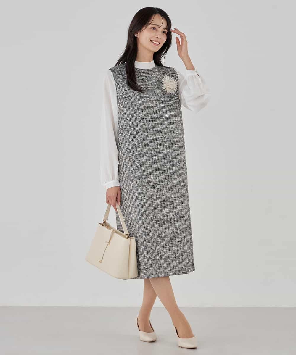 KBECD02119 a.v.v(アー・ヴェ・ヴェ) ツイードボウタイワンピース ネイビー