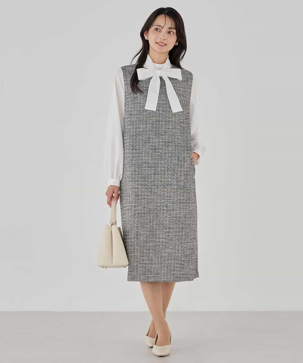 KBECD02119 a.v.v(アー・ヴェ・ヴェ) ツイードボウタイワンピース ネイビー