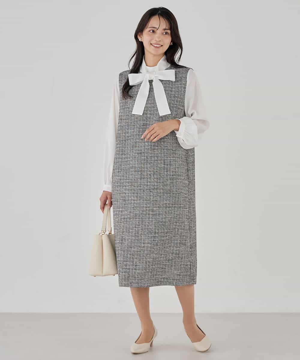 KBECD02119 a.v.v(アー・ヴェ・ヴェ) ツイードボウタイワンピース ネイビー