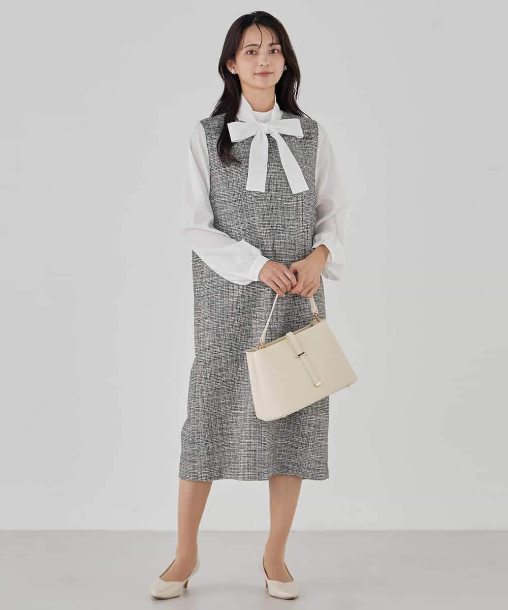 KBECD02119 a.v.v(アー・ヴェ・ヴェ) ツイードボウタイワンピース ネイビー