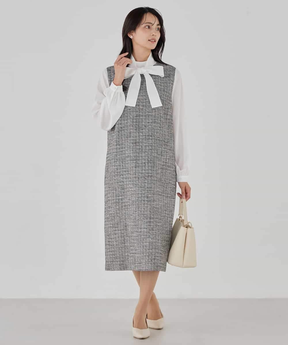 KBECD02119 a.v.v(アー・ヴェ・ヴェ) ツイードボウタイワンピース ネイビー