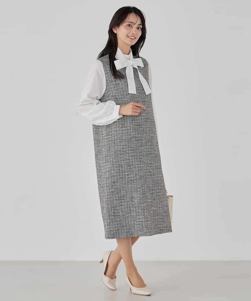 KBECD02119 a.v.v(アー・ヴェ・ヴェ) ツイードボウタイワンピース ネイビー