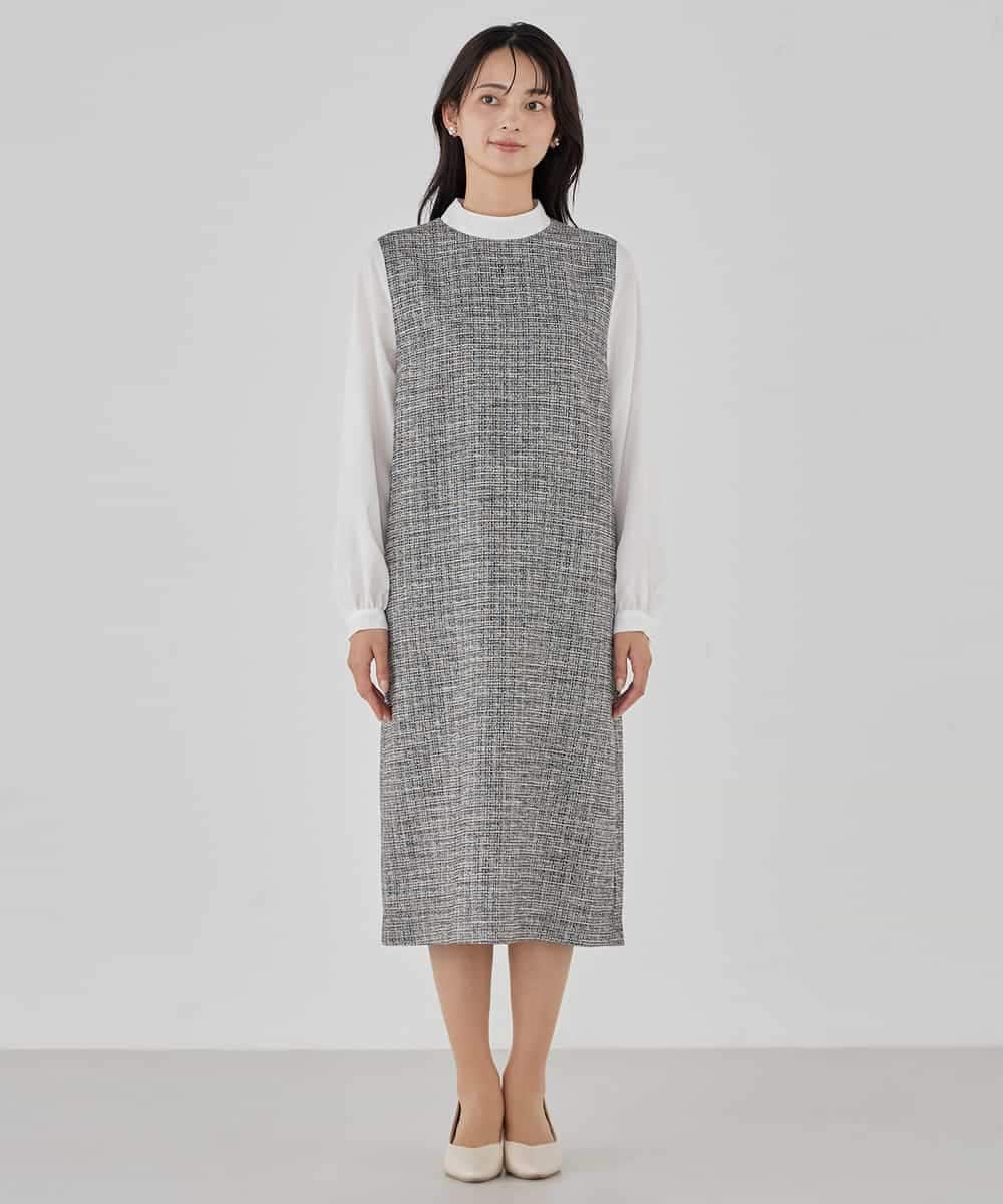 KBECD02119 a.v.v(アー・ヴェ・ヴェ) ツイードボウタイワンピース ネイビー