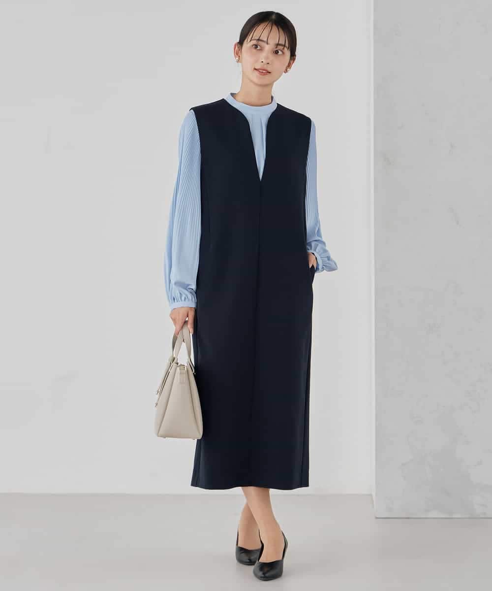 KBECD03089 a.v.v(アー・ヴェ・ヴェ) 【洗える/ストレッチ】ダブルクロスジャンパードレス ネイビー