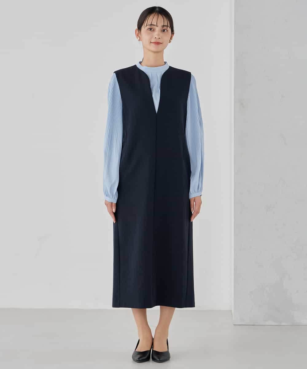KBECD03089 a.v.v(アー・ヴェ・ヴェ) 【洗える/ストレッチ】ダブルクロスジャンパードレス ネイビー
