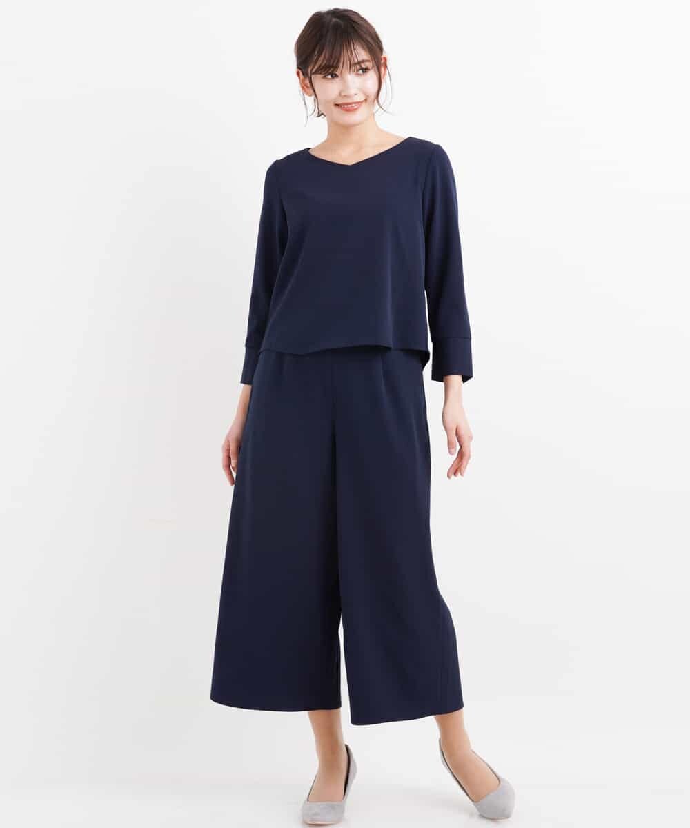 KBEEG08079 a.v.v(アー・ヴェ・ヴェ) 【2点セット】カフススリーブブラウスｘガウチョパンツ[WEB限定サイズ] ネイビー